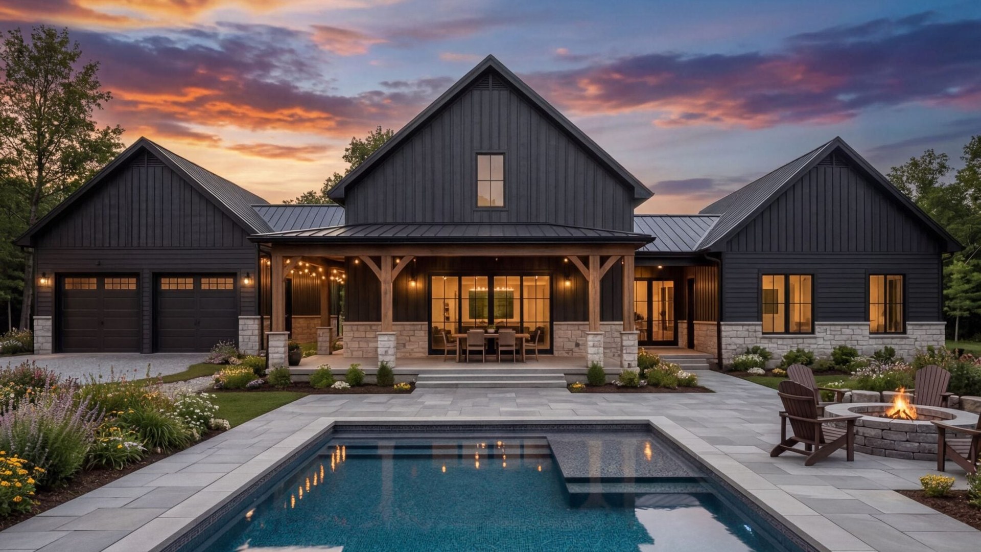 Black board and batten barndominium with a pool reflecting a sunset sky