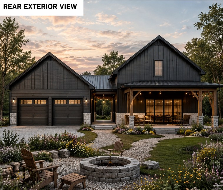 Single level barndominium rear exterior with a stone fire pit