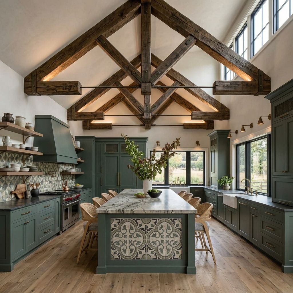 Vaulted barndominium kitchen with exposed timber trusses and green cabinetry