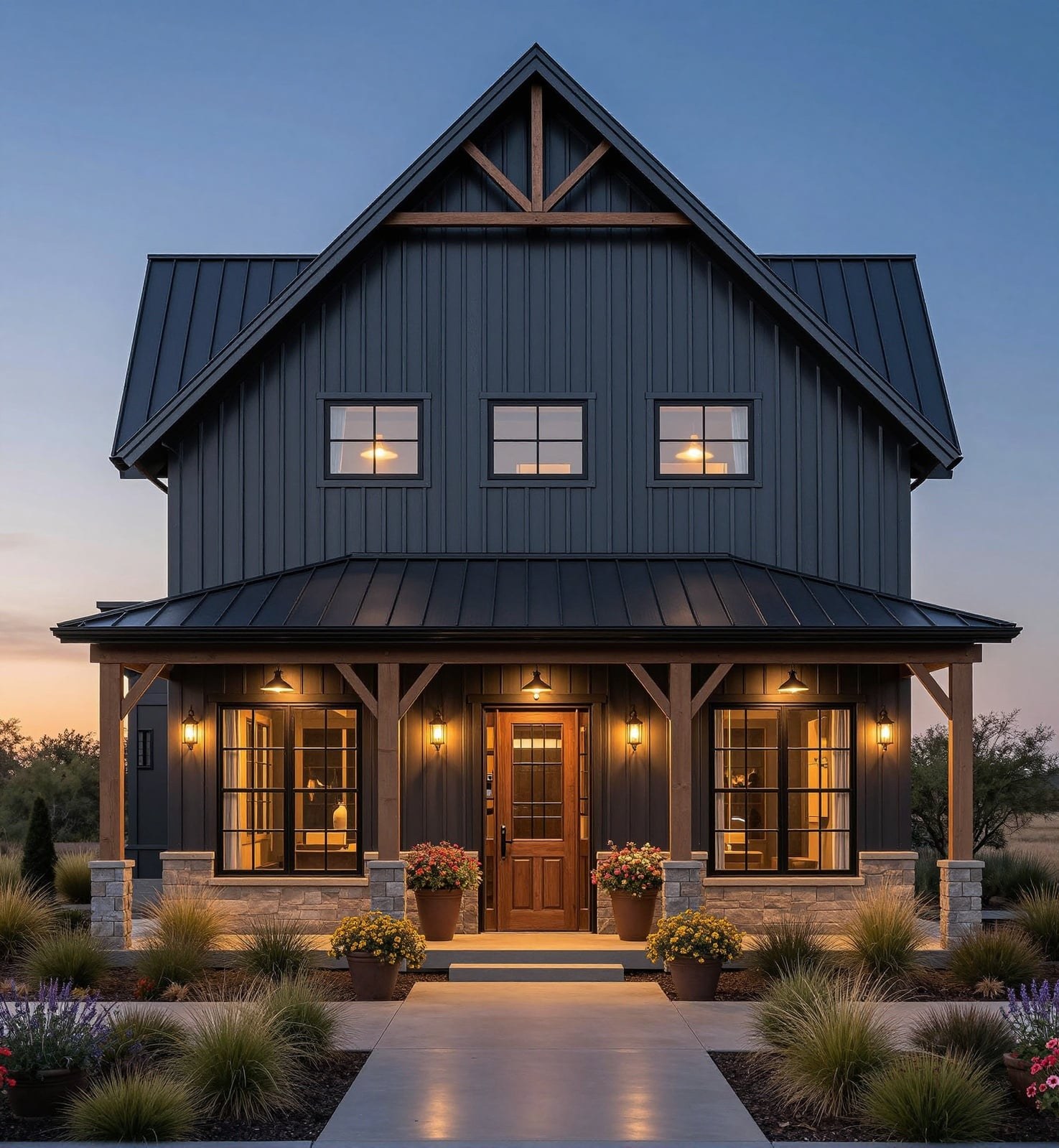 Two story barndominium with a covered front porch at dusk