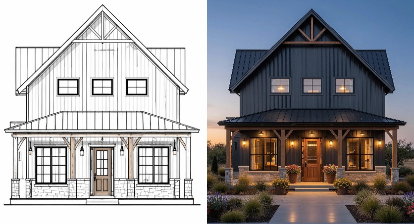 A line drawn elevation beside the finished barndominium
