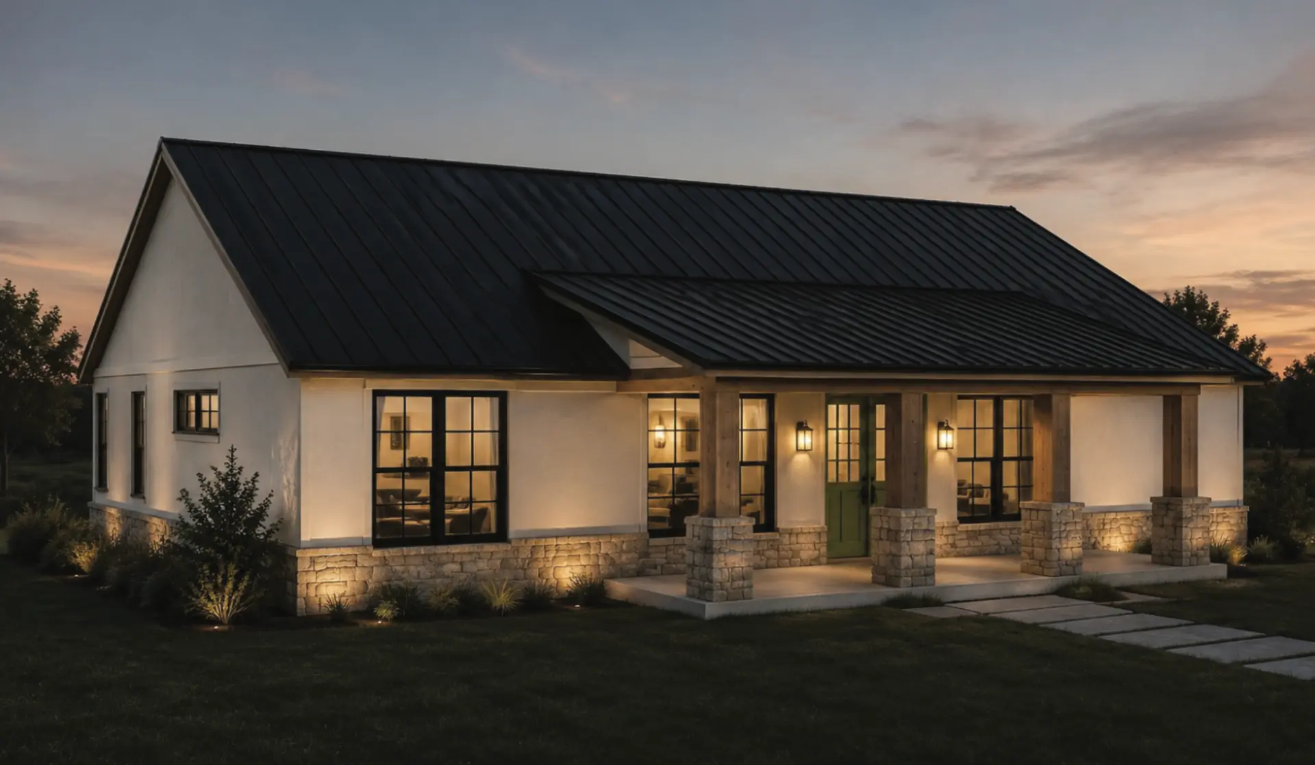 White barndominium with a black metal roof and covered porch at dusk
