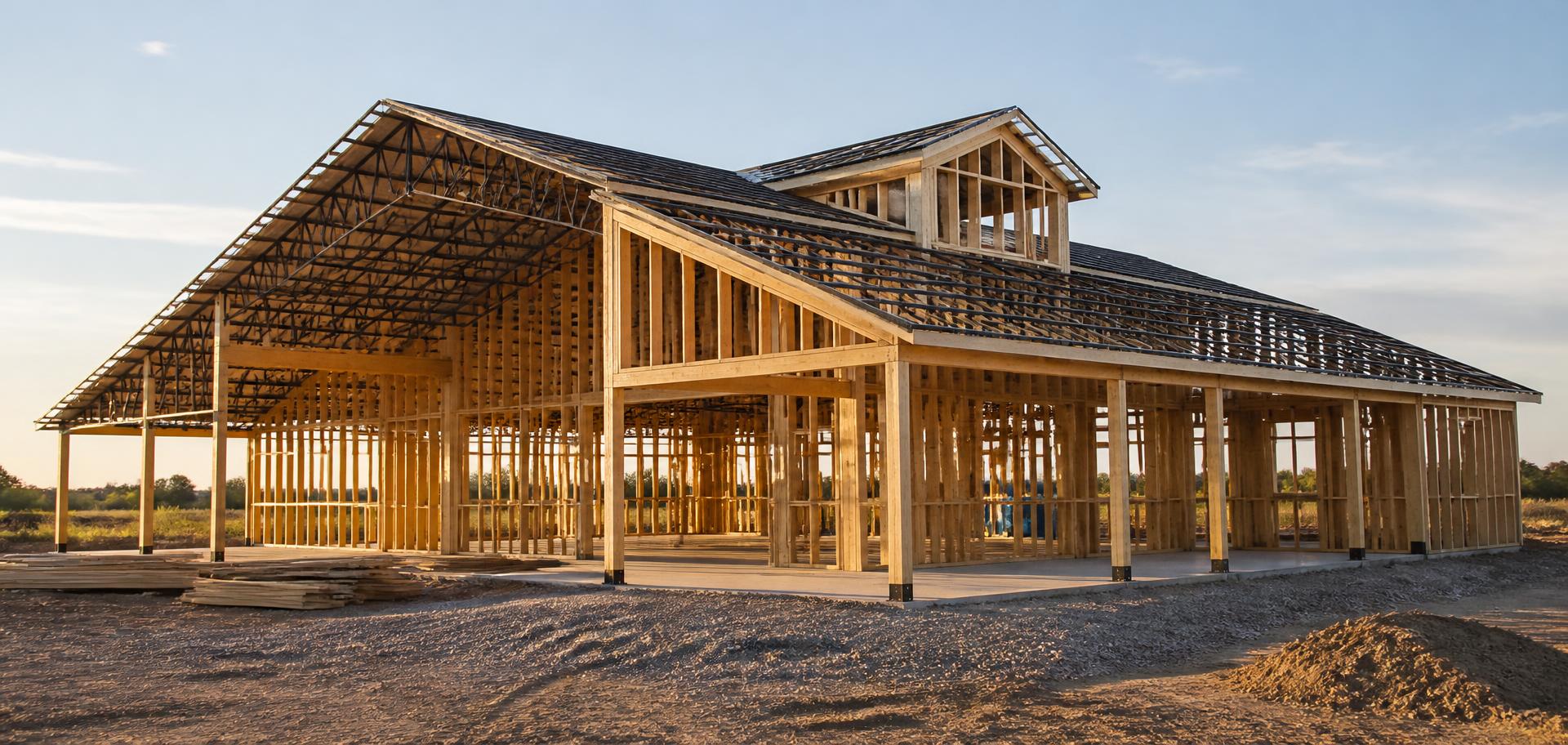 Barndominium under construction with exposed wood framing and roof trusses